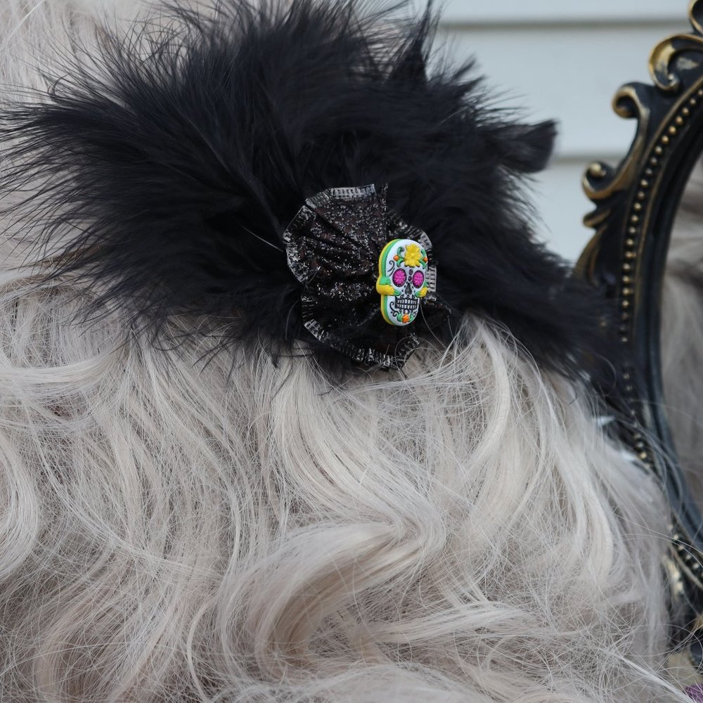 New Halloween Black Feathers Yellow Sugar Skull Hair Clip - Hand Crafted